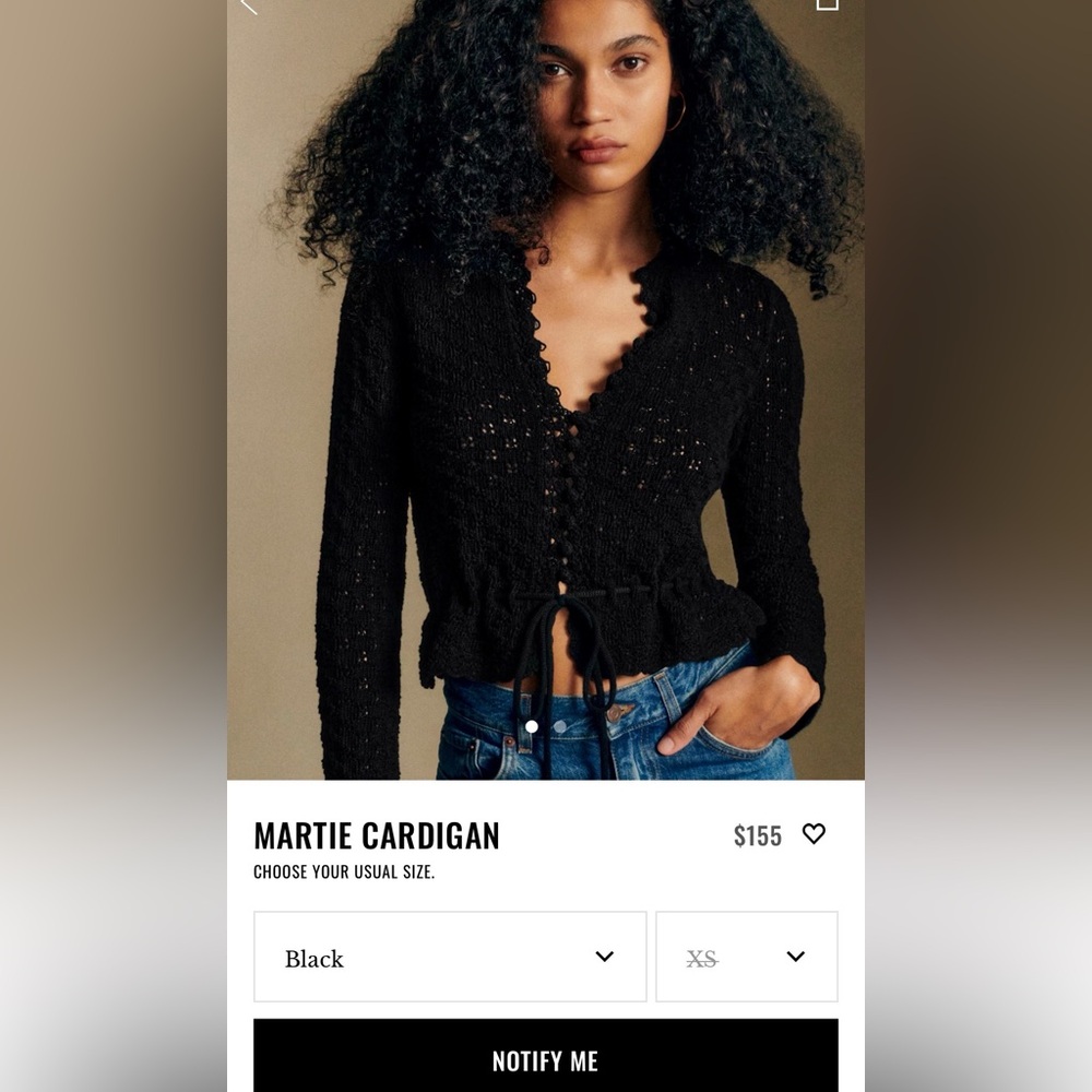 Sézane Martie Cardigan XS Black | NWT | Sold Out | Organic Cotton